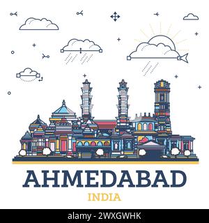 Umreißen Sie die Skyline von Ahmedabad India City mit farbigen historischen Gebäuden, isoliert auf Weiß. Vektordarstellung. Ahmedabad Stadtlandschaft mit Wahrzeichen. Stock Vektor