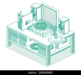 Isometrischer Vinyl-LP-Plattenspieler mit Diskette. Tisch mit Recorder und zwei Lautsprechern. Stereoanlage. Objekte auf weißem Hintergrund isoliert. Stock Vektor