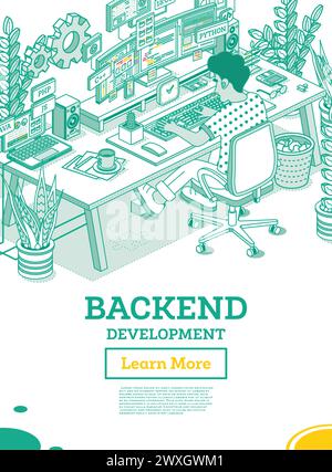 Backend-Entwicklung auf Computer. Arbeitender Programmierer auf dem Stuhl sitzen, Räder vor dem gebogenen Monitor mit Code. PHP- und C++-Programmiercode. Stock Vektor