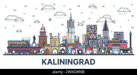 Umreißen Sie die Skyline der Stadt Kaliningrad Russland mit farbigen modernen und historischen Gebäuden, die auf weiß isoliert sind. Vektorabbildung. Kaliningrad Stadtbild. Stock Vektor