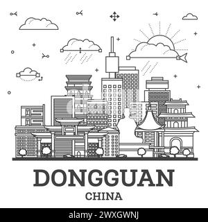 Umreißen Sie die Skyline von Dongguan China City mit historischen und modernen Gebäuden, isoliert auf Weiß. Vektordarstellung. Stadtbild von Dongguan mit Wahrzeichen. Stock Vektor