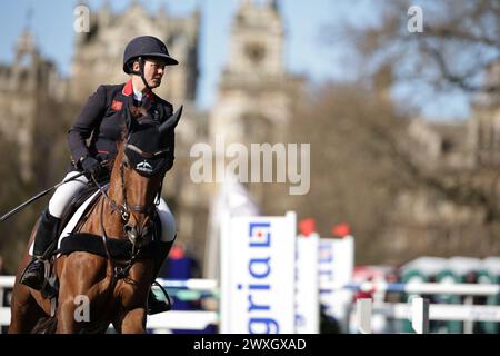 Thoresbury Park, Großbritannien. 30. März 2024. Gemma Stevens aus Großbritannien mit Jalapeno III während des CCI4*-S Grantham Cup Showjumping beim Thoresby Park International Eventing Spring Carnival am 30. März 2024, Thoresby Park, Vereinigtes Königreich (Foto: Maxime David - MXIMD Pictures) Stockfoto