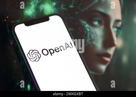 KIEW, UKRAINE - 17. MÄRZ 2024 OpenAI-Logo auf dem iPhone-Display mit Hintergrund der künstlichen Intelligenz futuristischen Ai-generierten Bild Nahaufnahme Stockfoto