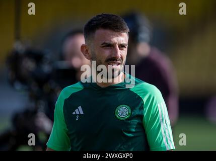 Almondvale Stadium, Livingston, Schottland. 31. März 2024; Scottish Premiership Football, Livingston versus Celtic; Greg Taylor von Celtic Credit: Action Plus Sports Images/Alamy Live News Stockfoto