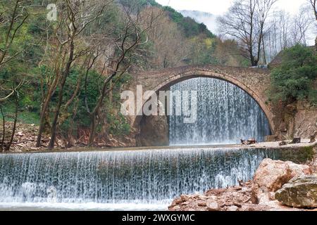 Wunderbare mittelalterliche Steinbrücke mit zwei Wasserfällen, Trikala, Elati, Paleokarya Wasserfälle, Griechenland Stockfoto