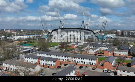 Manchester, Großbritannien. 31. März 2024. Eine Luftaufnahme des Etihad-Stadions vor dem Premier League-Spiel Manchester City gegen Arsenal im Etihad Stadium, Manchester, Großbritannien, 31. März 2024 (Foto: Mark Cosgrove/News Images) in Manchester, Großbritannien am 31. März 2024. (Foto: Mark Cosgrove/News Images/SIPA USA) Credit: SIPA USA/Alamy Live News Stockfoto