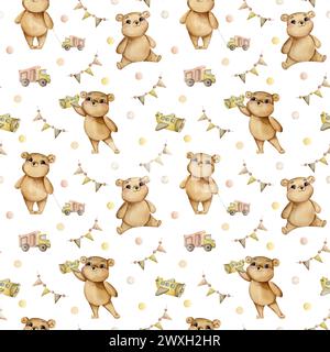 Handgezeichnetes Aquarellmuster mit Kinderbären Stockfoto