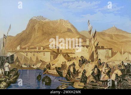 Griechenland. Korinth, Hafen von Kenkries. Stich von Aubert. Spätere Färbung. "La Tierra Santa y los lugares recorridos por los profetas, por los apóstoles y por los cruzados" (das Heilige Land und die von den Propheten, den Aposteln und den Kreuzfahrern durchquerten Stätten). Veröffentlicht in Barcelona von der Druckerei Joaquin Verdaguer, 1840. Stockfoto