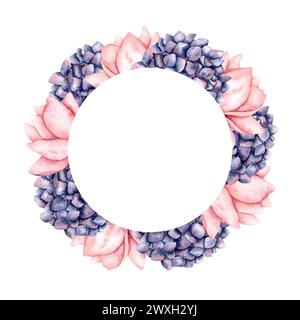 Handgezeichneter Aquarellrahmen mit Hortensien. Blumenkomposition für Dekoration und Design Stockfoto