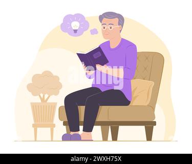 Ein älterer Mann sitzt auf einem Sessel im Wohnzimmer und liest ein Buch Stock Vektor