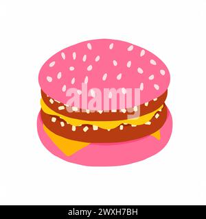 Großer Burger mit rosafarbenen Brötchen und doppeltem Käse, geschnittener Zwiebeln und in Scheiben geschnittenem Salatblatt. Symbol im flachen Cartoon-Stil. Vektorsymbol isoliert auf weiß Stock Vektor