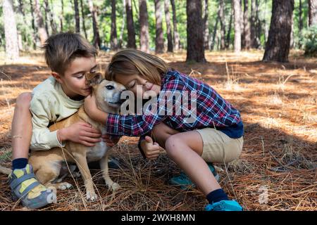 Zwei Kinder umarmen ihren Hund im Wald Stockfoto