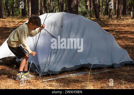 Abenteuerlustiger Junge, der ein Camp in der Wildnis aufbaut Stockfoto