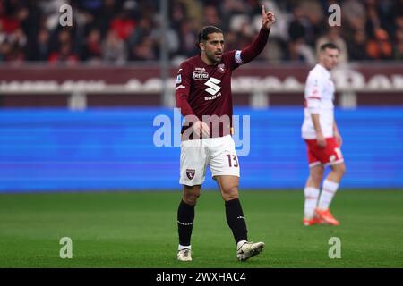 Ricardo Rodriguez von Torino FC Gesten während des Fußballspiels der Serie A zwischen Torino FC und AC Monza im Stadio Olimpico am 30. März 2024 in Turin. Stockfoto