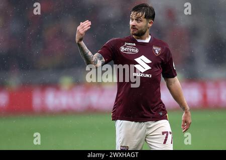 Karol Linetty von Torino FC Gesten während des Fußballspiels der Serie A zwischen Torino FC und AC Monza im Stadio Olimpico am 30. März 2024 in Turin. Stockfoto