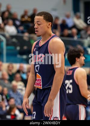 LEIDEN, NIEDERLANDE - MÄRZ 30: Moussa Noterman vom RSW Lüttich Basket während des BNXT League Elite Gold Matches zwischen Zorg en Zekerheid Leiden und RSW L Stockfoto