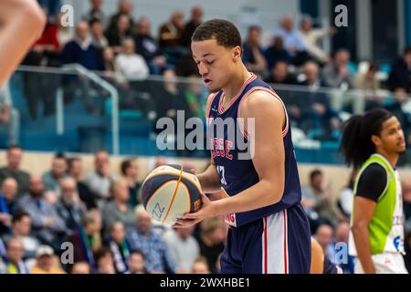 LEIDEN, NIEDERLANDE - MÄRZ 30: Moussa Noterman von RSW Lüttich Basket Freiwurf während des BNXT League Elite Gold Matches zwischen Zorg en Zekerheid Leide Stockfoto