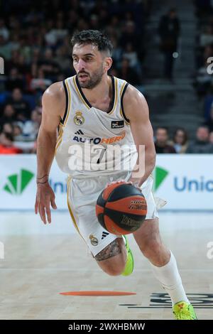 Facundo Campazzo von Real Madrid im Spiel der ACB League zwischen Real Madrid und BAXI Manresa im Wizink Center am 31. März 2024 in Madrid, Stockfoto