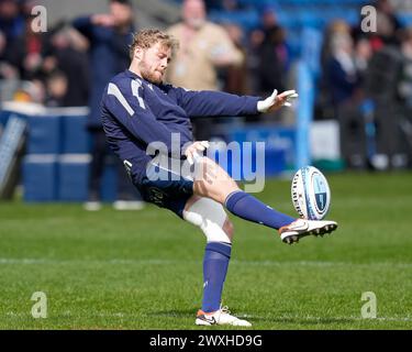 Eccles, Großbritannien. 31. August 2023. GUS Warr of Sale Sharks wärmt sich vor dem Gallagher Premiership Match Sale Sharks vs Exeter Chiefs im Salford Community Stadium, Eccles, Großbritannien, 31. März 2024 (Foto: Steve Flynn/News Images) in Eccles, Großbritannien am 31.2023. (Foto: Steve Flynn/News Images/SIPA USA) Credit: SIPA USA/Alamy Live News Stockfoto