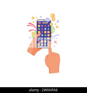 Menschliche Hände halten das Smartphone, um Symbole mit dem Finger zu berühren und die Vektorillustration des Spiels zu spielen Stock Vektor