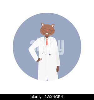 Lächelndes Doktor-Katzenporträt. Krankenhauskatzenarbeiter in weißer Mantel-Karikaturvektor-Illustration Stock Vektor