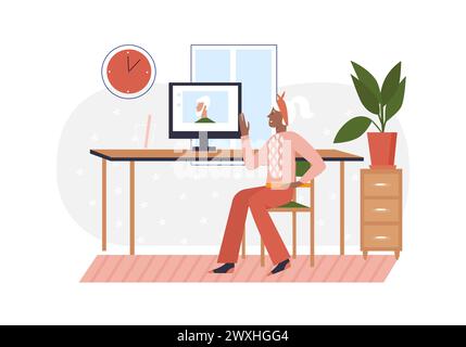 Ältere Frau im Videocomputeranruf. Ältere Frau mit Laptop-Cartoon-Vektor-Illustration Stock Vektor