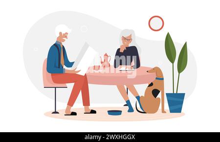 Ein älteres Paar sitzt am Tisch. Älterer Mann, der Zeitung liest, ältere Frau, die Tee-Cartoon-Vektor-Illustration trinkt Stock Vektor