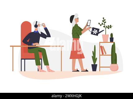 Älteres Ehepaar mit moderner Technik. Alter Mann mit Laptop, alte Frau mit Telefon Gartenarbeit Cartoon Vektor Illustration Stock Vektor