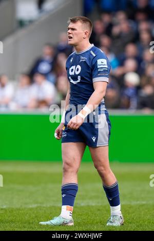 Joe Carpenter of Sale Sharks während des Gallagher Premiership Matches Sale Sharks vs Exeter Chiefs im Salford Community Stadium, Eccles, Vereinigtes Königreich, 31. März 2024 (Foto: Steve Flynn/News Images) Stockfoto