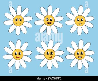 Retro 70er 60er 80er Jahre Hippie Groovy Cute Daisy Flowers Set. Lächelndes Gesicht. Kollektion Kamillenblume Power Elements. Vektorabbildung Stock Vektor