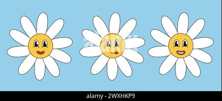 Retro 70er 60er 80er Jahre Hippie Groovy Cute Daisy Flowers Set. Lächelndes Gesicht. Kollektion Kamillenblume Power Elements. Vektorabbildung Stock Vektor