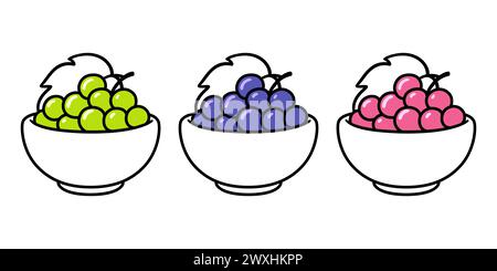 Schüssel mit Trauben, drei verschiedene Arten: Grün, schwarz und rot. Einfache Zeichentrickzeichnung, Kritzelsymbol. Handgezeichnete Vektorgrafik. Stock Vektor