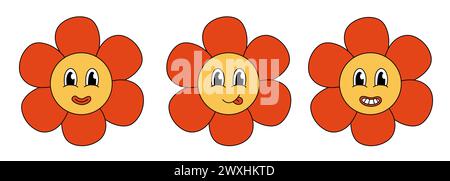 Retro 70er 60er 80er Jahre Hippie Groovy niedliches Red Flowers Set. Lächelndes Gesicht. Kollektion Flower Power Elements. Vektorillustration isoliert auf einem weißen Hintergrund Stock Vektor