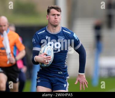 Eccles, Großbritannien. 31. August 2023. Tom Roebuck von Sale Sharks während des Gallagher Premiership Matches Sale Sharks vs Exeter Chiefs im Salford Community Stadium, Eccles, Vereinigtes Königreich, 31. März 2024 (Foto: Steve Flynn/News Images) in Eccles, Vereinigtes Königreich am 31.2023. (Foto: Steve Flynn/News Images/SIPA USA) Credit: SIPA USA/Alamy Live News Stockfoto