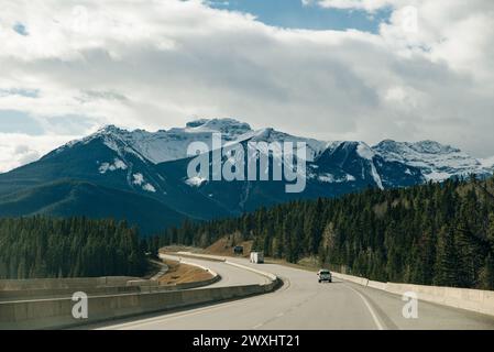 Der Trans-Canada Highway im Banff National Park zeigt die Wildtiere, die die Überführung überqueren Stockfoto