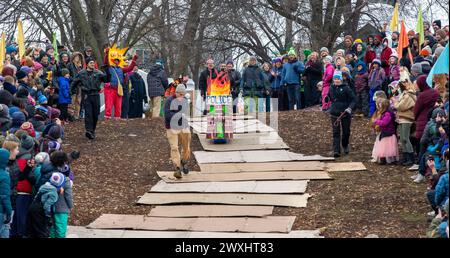 Einwohner und Künstler, die an der Jänner Powderhorn Park Art Sled Rally in Minneapolis, Minnesota, teilnehmen. Wegen der warmen Temperaturen und ohne Schnee Stockfoto