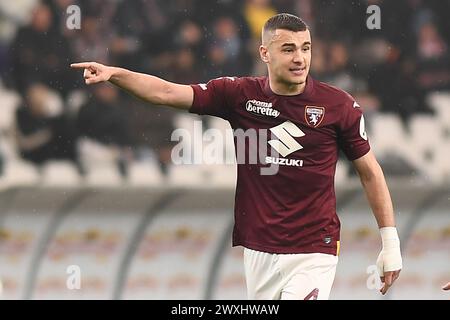 Turin, Italien. März 2024. Der Torino Alessandro Buongiorno gibt Gesten während des Fußballspiels der Serie A zwischen Turin und Monza im Stadio Olimpico Grande Torino in Turin, Nordwesten Italiens - Samstag, den 30. März 2024. Sport - Fußball . (Foto: Alberto Gandolfo/LaPresse) Credit: LaPresse/Alamy Live News Stockfoto