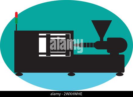 Vektordiagramm einer elektrischen oder hydraulischen Spritzgussmaschine für die Kunststoff- und Polymerverarbeitung. Stock Vektor