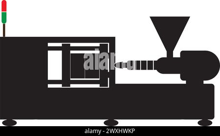 Vektordiagramm einer elektrischen oder hydraulischen Spritzgussmaschine für die Kunststoff- und Polymerverarbeitung. Stock Vektor