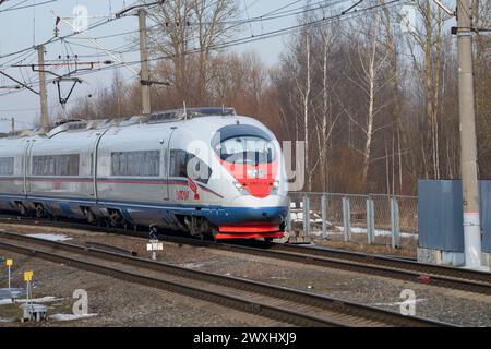 PETRO-SLAVJANKA, RUSSLAND - 4. MÄRZ 2024: Hochgeschwindigkeitszug EVS1-11 'Sapsan' an einem sonnigen Märztag. Bahnhof Slavyanka, Region Leningrad Stockfoto