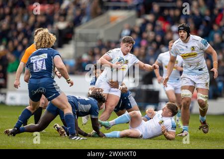 Salford, Lancashire, Großbritannien. 31. März 2024; Salford Community Stadium, Salford, Lancashire, England; Gallagher Premiership Rugby, Sale Sharks versus Exeter Chiefs; Dan Frost von Exeter Chiefs wird behandelt Credit: Action Plus Sports Images/Alamy Live News Stockfoto