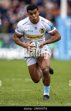 Salford, Lancashire, Großbritannien. 31. März 2024; Salford Community Stadium, Salford, Lancashire, England; Gallagher Premiership Rugby, Sale Sharks versus Exeter Chiefs; Immanuel Feyi-Waboso von Exeter Chiefs Credit: Action Plus Sports Images/Alamy Live News Stockfoto