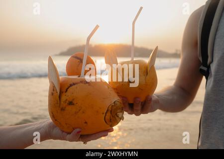 Mann und Frau trinken zusammen frisches Kokoswasser am idyllischen Sandstrand. Gesunde natürliche Erfrischung bei Sonnenuntergang. Mirissa in Sri Lanka. Stockfoto