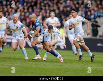 Salford, Lancashire, Großbritannien. 31. März 2024; Salford Community Stadium, Salford, Lancashire, England; Gallagher Premiership Rugby, Sale Sharks versus Exeter Chiefs; Tom O'Flaherty of Sale Sharks wird von Harvey Skinner von Exeter Chiefs angegriffen. Credit: Action Plus Sports Images/Alamy Live News Stockfoto