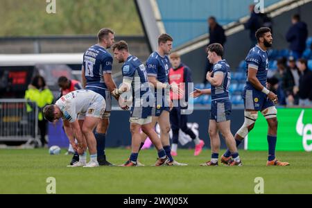 Salford, Lancashire, Großbritannien. 31. März 2024; Salford Community Stadium, Salford, Lancashire, England; Gallagher Premiership Rugby, Sale Sharks versus Exeter Chiefs; Spieler schütteln After Sale Beat Exeter 41-5 Credit: Action Plus Sports Images/Alamy Live News Stockfoto