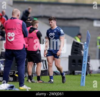 Salford, Lancashire, Großbritannien. 31. März 2024; Salford Community Stadium, Salford, Lancashire, England; Gallagher Premiership Rugby, Sale Sharks versus Exeter Chiefs; Ben Curry (c) von Sale Sharks wird nach 65 Minuten ersetzt Credit: Action Plus Sports Images/Alamy Live News Stockfoto