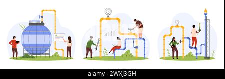 Prüfung der Erdgasleitung und des Lagertanks auf Undichtigkeiten, Wartungsservice-Set. Winzige Leute arbeiten mit Reparaturwerkzeugen, überprüfen die Sicherheit von Rohren und Ventilen, Container Cartoon Vektor Illustration Stock Vektor