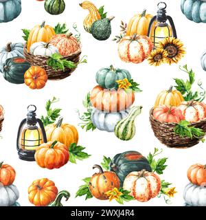Kürbisernte im Herbst. Handgezeichnetes nahtloses Aquarellmuster Stockfoto