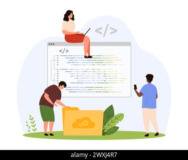 Entwicklung von Software-Code und mobiler App. Kleine professionelle Programmierer und Programmierer arbeiten, Leute schreiben Programm in Computersprache, Gruppe von Backend-Entwicklern kodieren Zeichentrickvektorillustration Stock Vektor