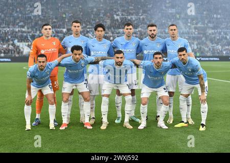 Spieler aus Latium: Christos Mandas, Nicolo Casale, Daichi Kamada, Alessio Romagnoli, Mario Gila, Adam Marusic, Pedro Eliezer Rodriguez Ledesma, Felipe Anderson, Valentin Mariano Jose Castellanos Gimenez Taty, Danilo Cataldi, Mattia Zaccagni während des Fußballspiels der Serie A zwischen SS Lazio und Juventus FC im Olimpico-Stadion in Rom (Italien), 30. März 2024. Stockfoto